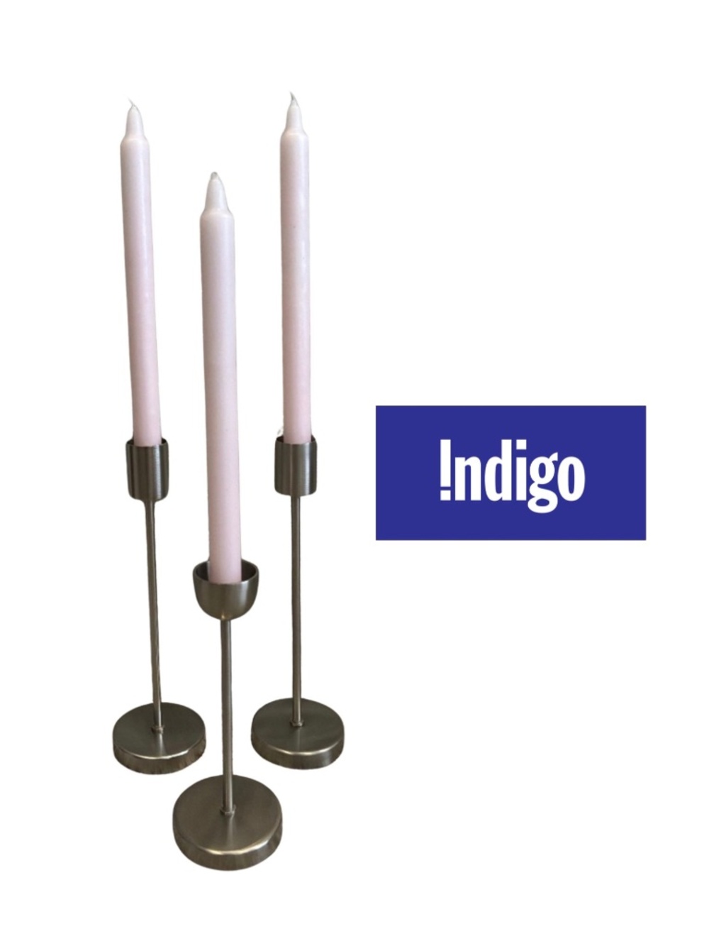 Indigo Brushed Metal Silver Taper Candle Trio